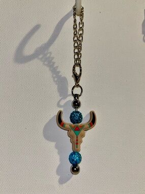 Tan Bull Skull Cup Charm w/Coral, Turquoise, Black & Rhinestone Accents